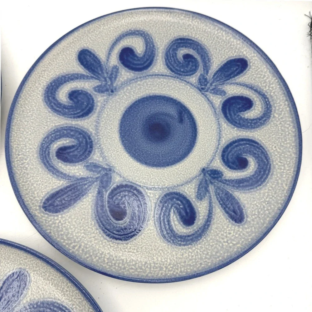 Vtg 1960s West Germany 4pc-10in 3 Plate Set & carrier Blue Salt Glazed Stoneware